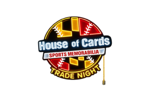 House of vcards trade night neon sign in bright red and yellow colors