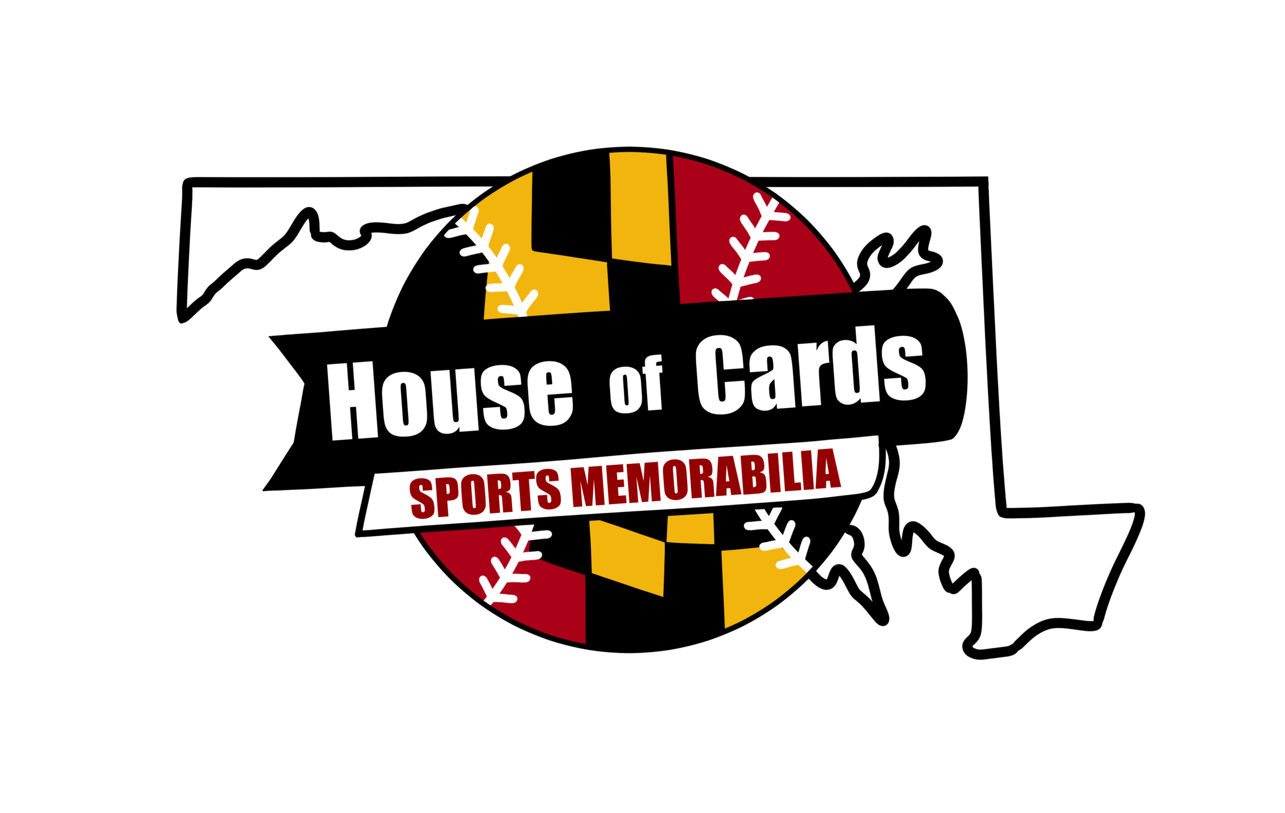 Maryland state outline with maryland flag themed baseball and house of cards text
